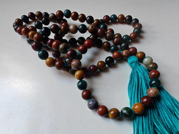 108 bead 8mm Ocean Jasper / Atlantis Stone / Cellular Jasper Mala on Ocean Blue Thread - Image 2