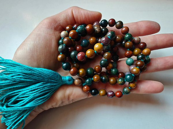 108 bead 8mm Ocean Jasper / Atlantis Stone / Cellular Jasper Mala on Ocean Blue Thread - Image 15