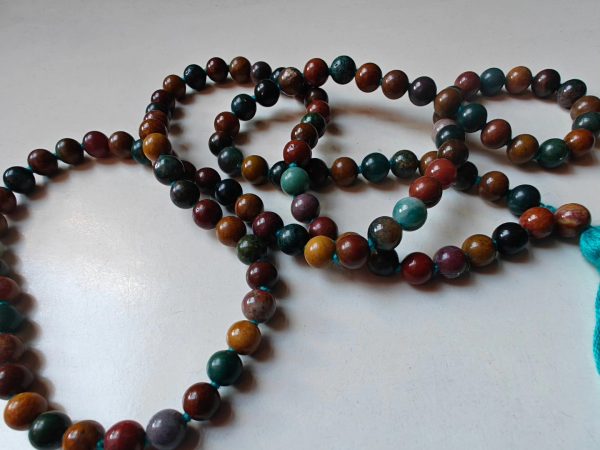 108 bead 8mm Ocean Jasper / Atlantis Stone / Cellular Jasper Mala on Ocean Blue Thread - Image 8
