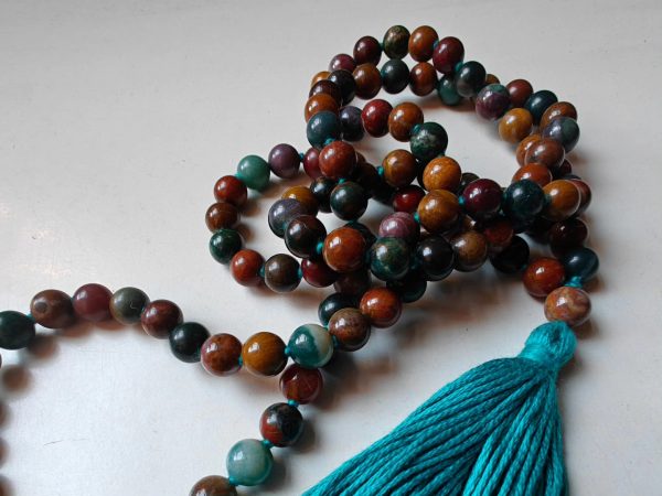 108 bead 8mm Ocean Jasper / Atlantis Stone / Cellular Jasper Mala on Ocean Blue Thread - Image 14