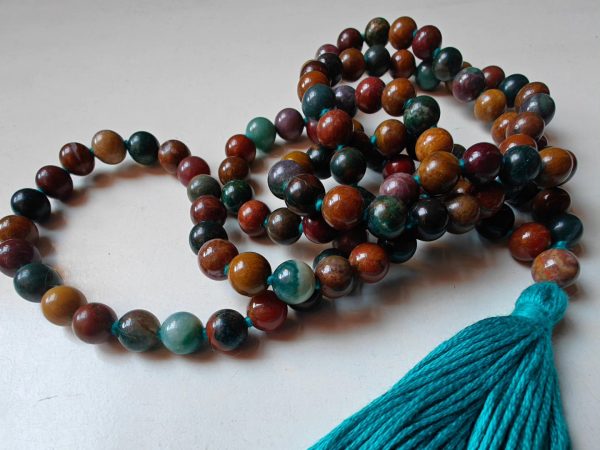 108 bead 8mm Ocean Jasper / Atlantis Stone / Cellular Jasper Mala on Ocean Blue Thread