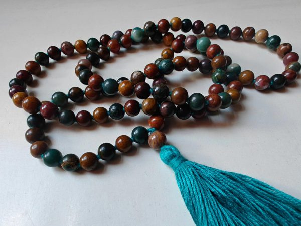 108 bead 8mm Ocean Jasper / Atlantis Stone / Cellular Jasper Mala on Ocean Blue Thread - Image 6