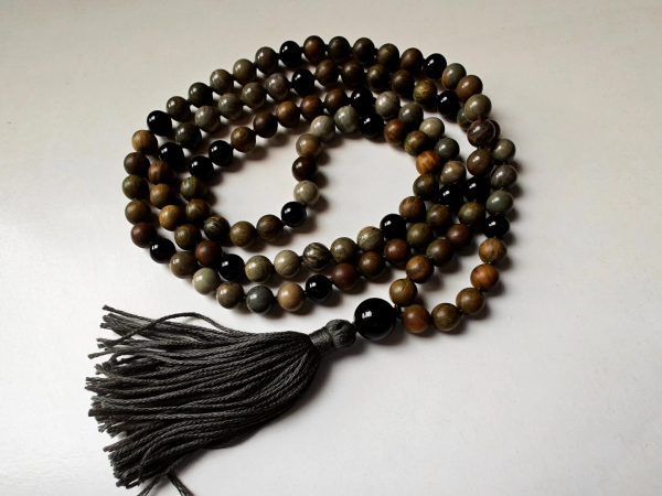 108 bead 8mm Silver Leaf Jasper, Verawood (Palo Santo / Green Sandalwood) & Black Agate Mala with Onyx Guru Bead - Image 11