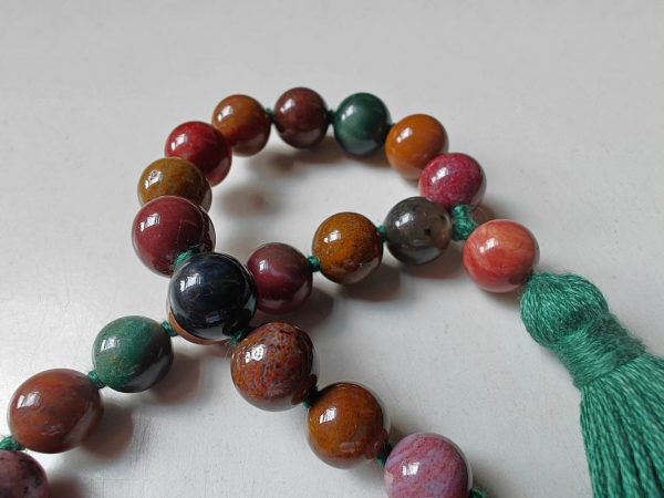 27 bead 8mm Ocean Jasper / Atlantis Stone / Cellular Jasper Mala on Green Thread - Image 3