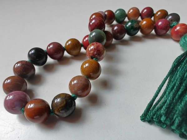 27 bead 8mm Ocean Jasper / Atlantis Stone / Cellular Jasper Mala on Green Thread - Image 6
