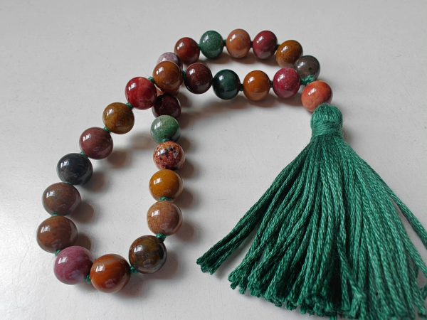 27 bead 8mm Ocean Jasper / Atlantis Stone / Cellular Jasper Mala on Green Thread - Image 5