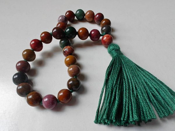 27 bead 8mm Ocean Jasper / Atlantis Stone / Cellular Jasper Mala on Green Thread - Image 4