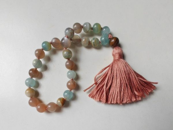 27 bead 8mm Argentina Blue Lemurian Aquatine Calcite & Peach Moonstone Mala - Image 10
