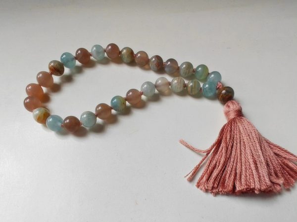 27 bead 8mm Argentina Blue Lemurian Aquatine Calcite & Peach Moonstone Mala - Image 7