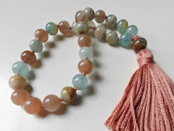 27 bead 8mm Argentina Blue Lemurian Aquatine Calcite & Peach Moonstone Mala - Image 3