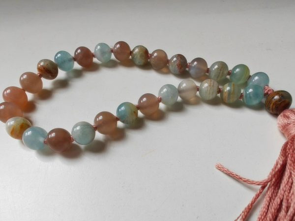 27 bead 8mm Argentina Blue Lemurian Aquatine Calcite & Peach Moonstone Mala - Image 14