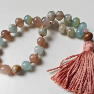 27 bead 8mm Argentina Blue Lemurian Aquatine Calcite & Peach Moonstone Mala