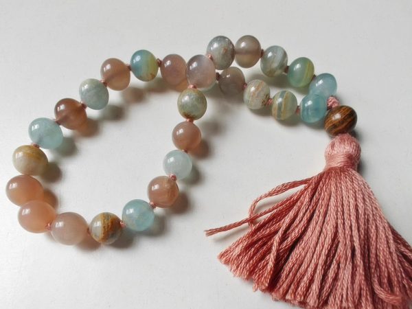27 bead 8mm Argentina Blue Lemurian Aquatine Calcite & Peach Moonstone Mala
