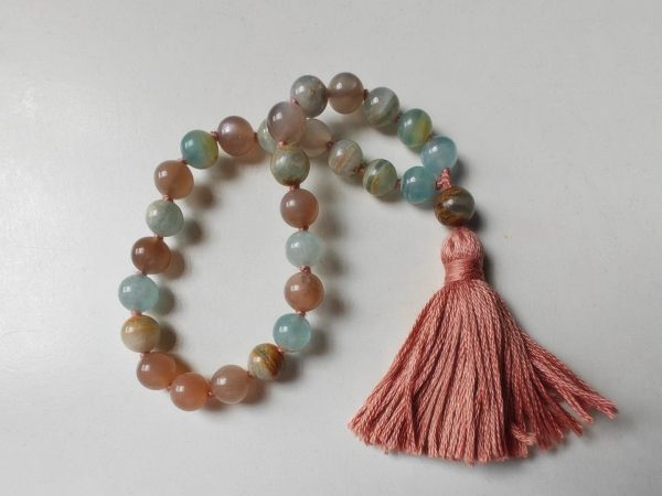 27 bead 8mm Argentina Blue Lemurian Aquatine Calcite & Peach Moonstone Mala - Image 4