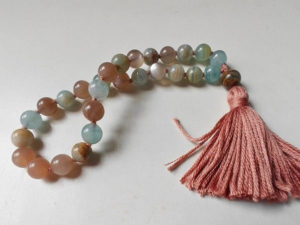 27 bead 8mm Argentina Blue Lemurian Aquatine Calcite & Peach Moonstone Mala - Image 12
