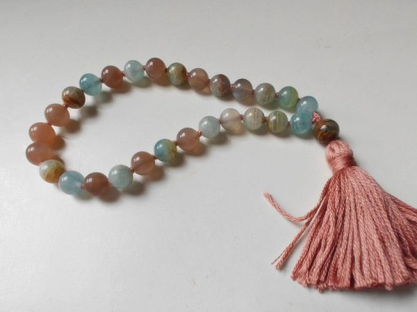 27 bead 8mm Argentina Blue Lemurian Aquatine Calcite & Peach Moonstone Mala - Image 11