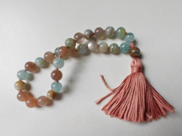 27 bead 8mm Argentina Blue Lemurian Aquatine Calcite & Peach Moonstone Mala - Image 13