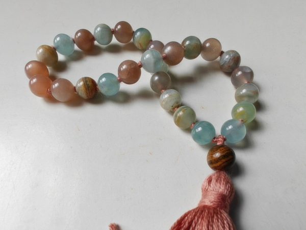 27 bead 8mm Argentina Blue Lemurian Aquatine Calcite & Peach Moonstone Mala - Image 8
