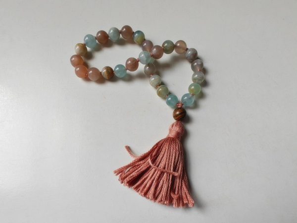 27 bead 8mm Argentina Blue Lemurian Aquatine Calcite & Peach Moonstone Mala - Image 9