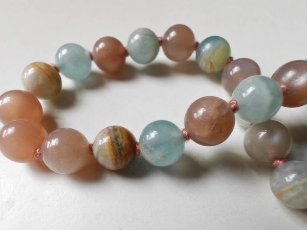 27 bead 8mm Argentina Blue Lemurian Aquatine Calcite & Peach Moonstone Mala - Image 6