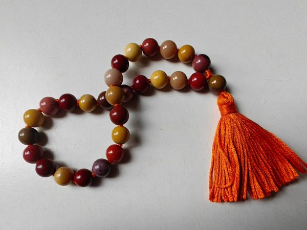 27 bead 8mm Mookaite Jasper Mala on Orange Thread - Image 8