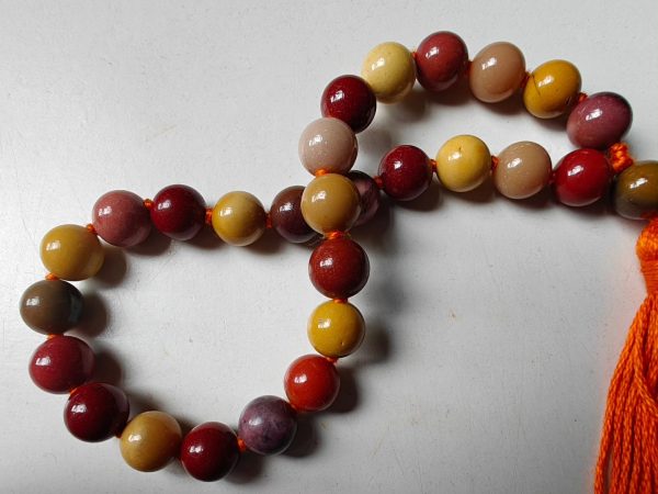 27 bead 8mm Mookaite Jasper Mala on Orange Thread - Image 9