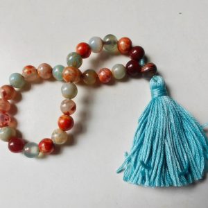 27 bead 8mm Orange & Blue Fire Agate Mala on Blue Thread