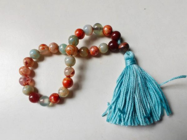 27 bead 8mm Orange & Blue Fire Agate Mala on Blue Thread