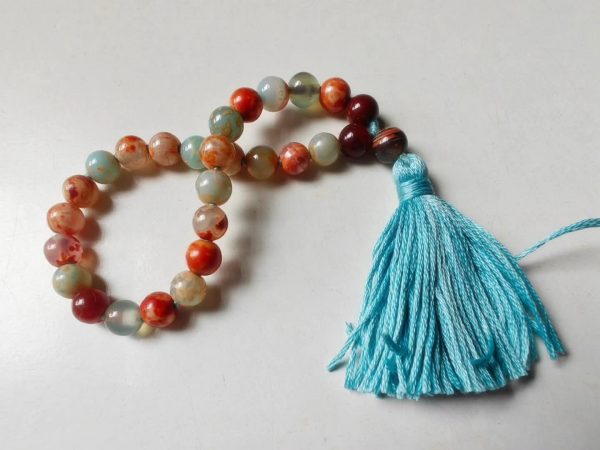 27 bead 8mm Orange & Blue Fire Agate Mala on Blue Thread - Image 5