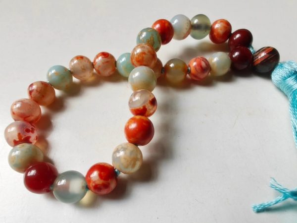 27 bead 8mm Orange & Blue Fire Agate Mala on Blue Thread - Image 2