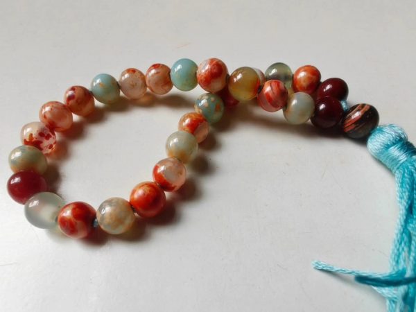 27 bead 8mm Orange & Blue Fire Agate Mala on Blue Thread - Image 6
