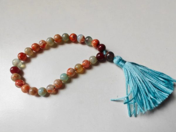 27 bead 8mm Orange & Blue Fire Agate Mala on Blue Thread - Image 7