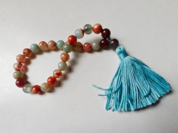 27 bead 8mm Orange & Blue Fire Agate Mala on Blue Thread - Image 8