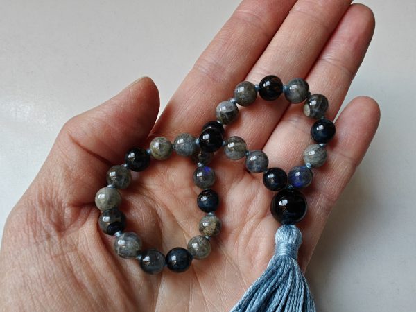 27 bead 8mm Labradorite & Blue Tiger's Eye Mala with Black Onyx Guru Bead - Image 8