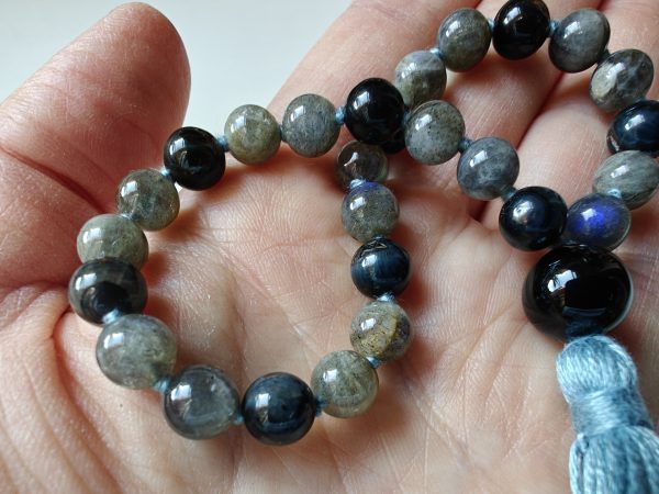 27 bead 8mm Labradorite & Blue Tiger's Eye Mala with Black Onyx Guru Bead - Image 2