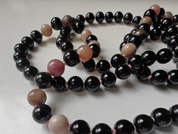 108 bead 8mm Black Agate & Rhodonite Mala on Old Rose / Dusty Pink Thread - Image 16