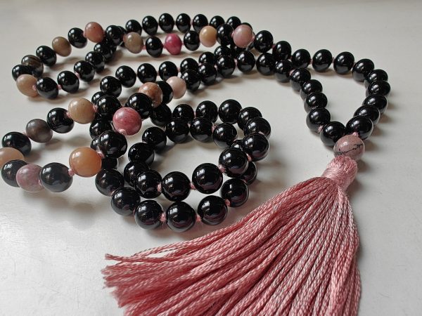 108 bead 8mm Black Agate & Rhodonite Mala on Old Rose / Dusty Pink Thread