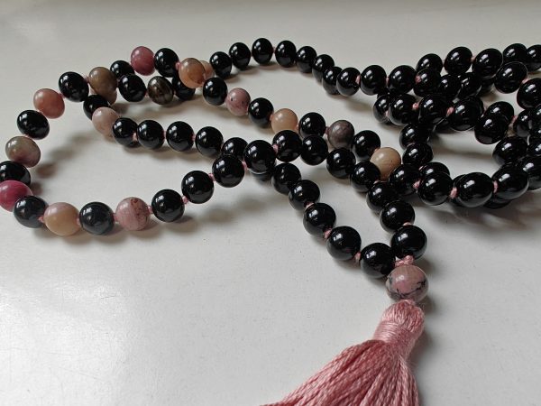 108 bead 8mm Black Agate & Rhodonite Mala on Old Rose / Dusty Pink Thread - Image 11