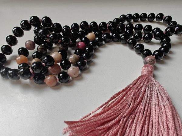 108 bead 8mm Black Agate & Rhodonite Mala on Old Rose / Dusty Pink Thread - Image 9