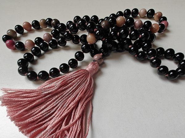 108 bead 8mm Black Agate & Rhodonite Mala on Old Rose / Dusty Pink Thread - Image 7