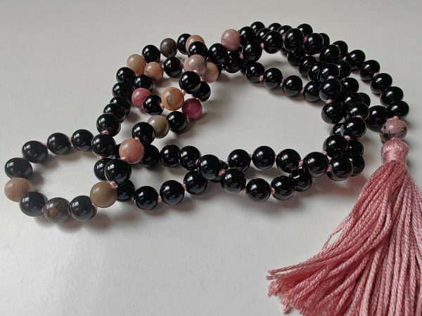 108 bead 8mm Black Agate & Rhodonite Mala on Old Rose / Dusty Pink Thread - Image 5