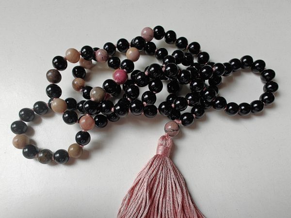 108 bead 8mm Black Agate & Rhodonite Mala on Old Rose / Dusty Pink Thread - Image 8
