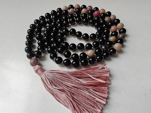 108 bead 8mm Black Agate & Rhodonite Mala on Old Rose / Dusty Pink Thread - Image 4