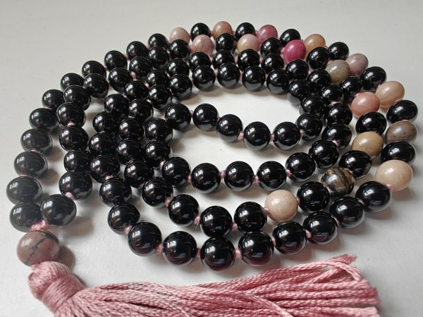 108 bead 8mm Black Agate & Rhodonite Mala on Old Rose / Dusty Pink Thread - Image 3