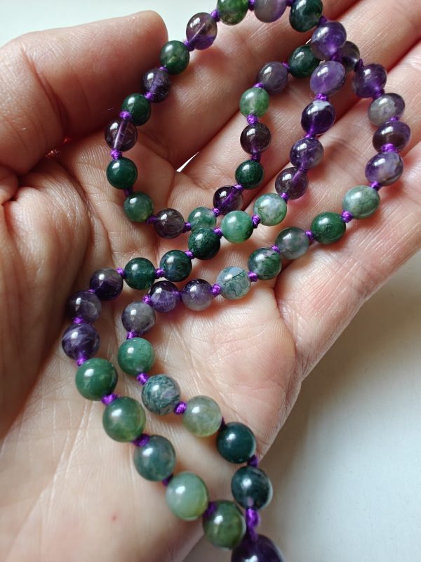 54 bead Mala of 6mm Amethyst & Green Moss Agate - Image 5