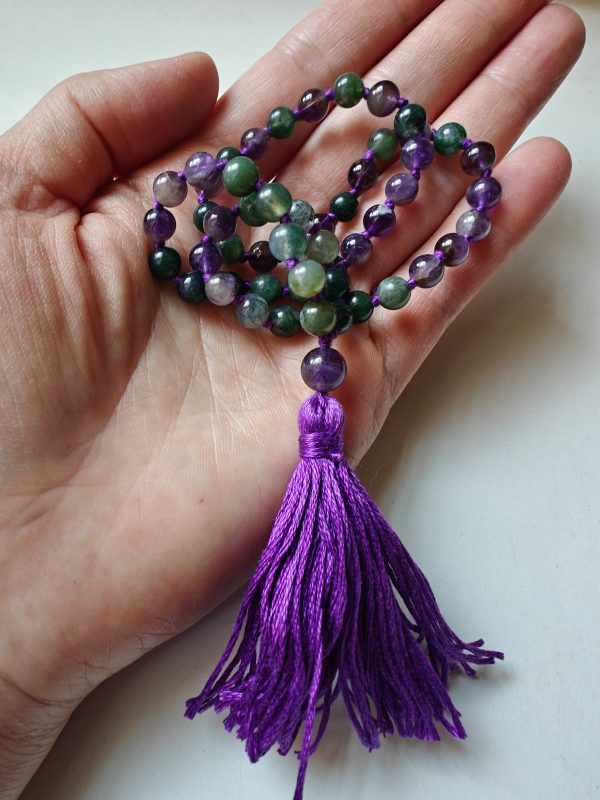 54 bead Mala of 6mm Amethyst & Green Moss Agate - Image 6