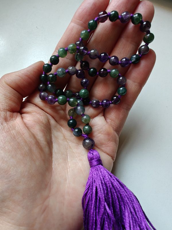 54 bead Mala of 6mm Amethyst & Green Moss Agate - Image 13