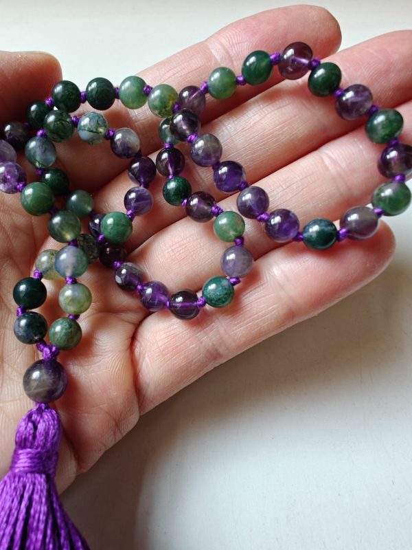 54 bead Mala of 6mm Amethyst & Green Moss Agate - Image 2