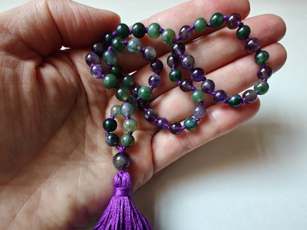 54 bead Mala of 6mm Amethyst & Green Moss Agate - Image 8