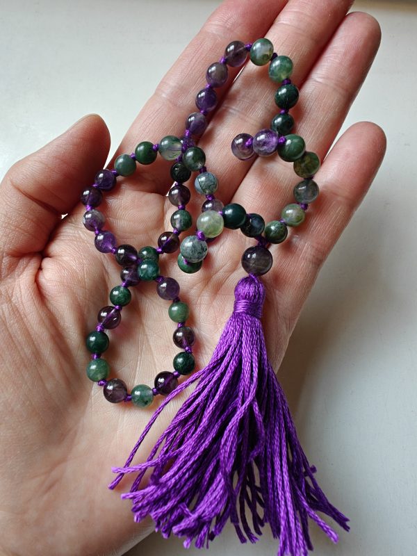 54 bead Mala of 6mm Amethyst & Green Moss Agate - Image 9
